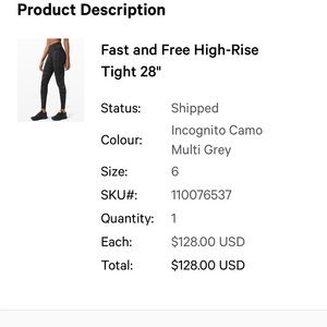 Lululemon Fast & Free High Rise Tight - 28in